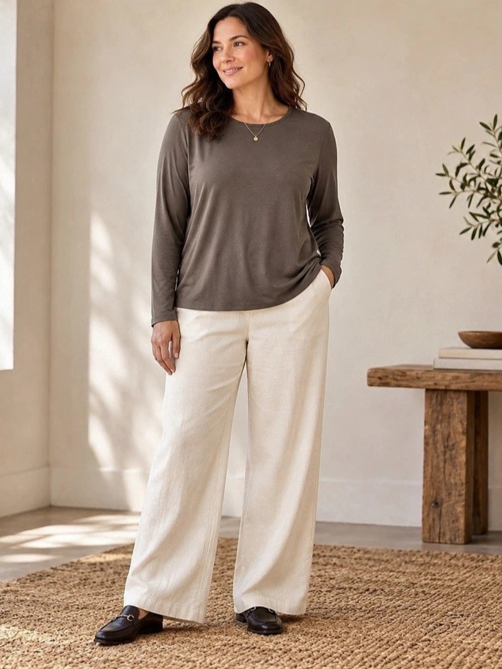 Eileen Fisher Taupe Stretch Rayon Long Sleeve Top Size L
